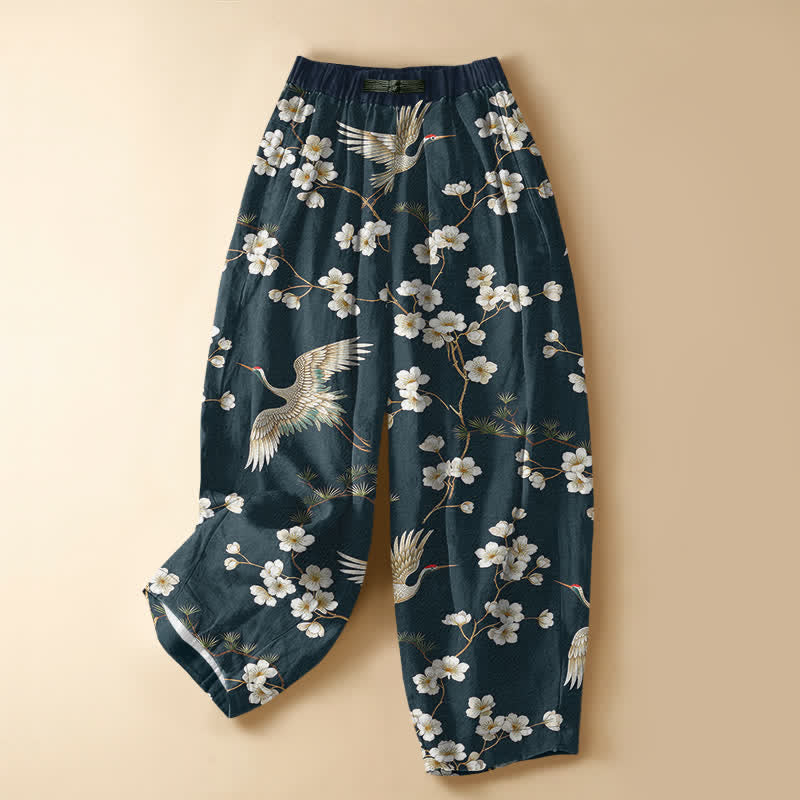 Buddha Stones Pure Cotton Vintage Crane Blossom Pattern Frog Button Women's Elastic Waist Harem Pants With Pockets - DarkCyan - US16,UK/AU20,EU48 (3XL) - image 5