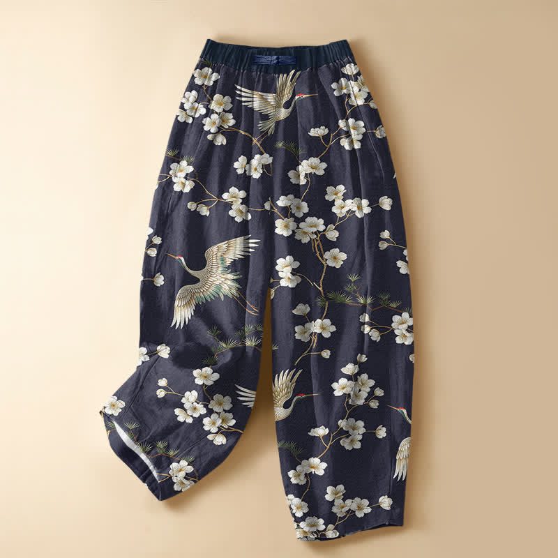 Buddha Stones Pure Cotton Vintage Crane Blossom Pattern Frog Button Women's Elastic Waist Harem Pants With Pockets - DarkSlateBlue - US16,UK/AU20,EU48 (3XL) - image 7