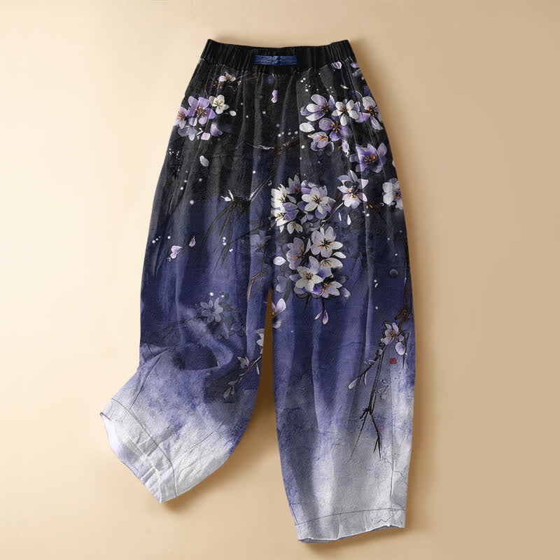 Buddha Stones Pure Cotton Ombre Sakura Blossom Pattern Frog Button Women's Elastic Waist Harem Pants With Pockets - Indigo - US16,UK/AU20,EU48 (3XL) - image 0