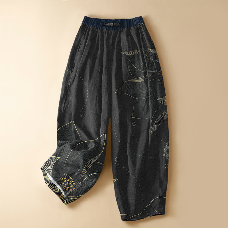 Buddha Stones Pure Cotton Vintage Lotus Line Art Pattern Frog Button Women's Elastic Waist Harem Pants With Pockets - Black - US16,UK/AU20,EU48 (3XL) - image 7