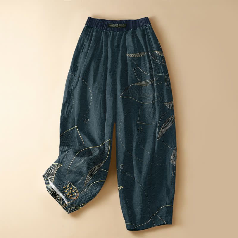 Buddha Stones Pure Cotton Vintage Lotus Line Art Pattern Frog Button Women's Elastic Waist Harem Pants With Pockets - Teal - US16,UK/AU20,EU48 (3XL) - image 0