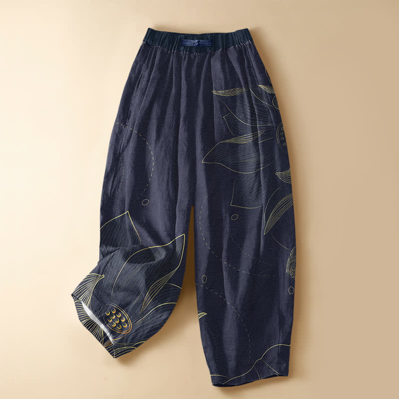 Buddha Stones Pure Cotton Vintage Lotus Line Art Pattern Frog Button Women's Elastic Waist Harem Pants With Pockets - Indigo - US16,UK/AU20,EU48 (3XL) - image 5