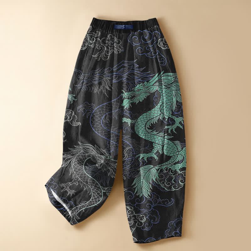 Buddha Stones Pure Cotton Oriental Dragon Wave Pattern Frog Button Women's Elastic Waist Harem Pants With Pockets - Black - US16,UK/AU20,EU48 (3XL) - image 0