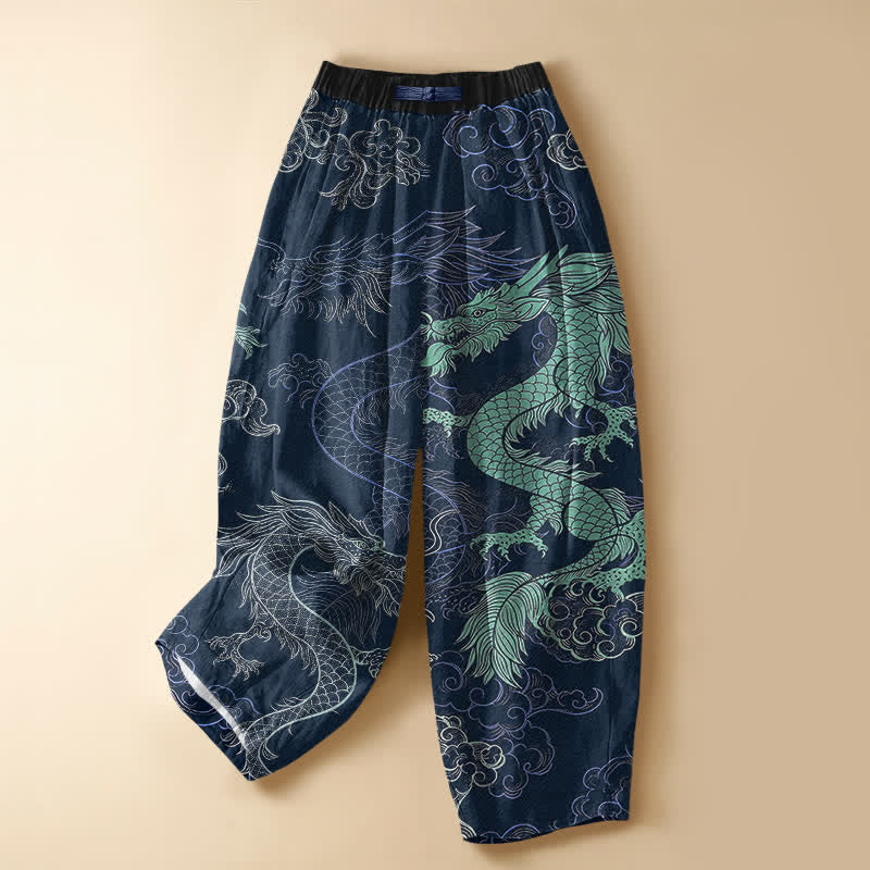Buddha Stones Pure Cotton Oriental Dragon Wave Pattern Frog Button Women's Elastic Waist Harem Pants With Pockets - Navy - US16,UK/AU20,EU48 (3XL) - image 5