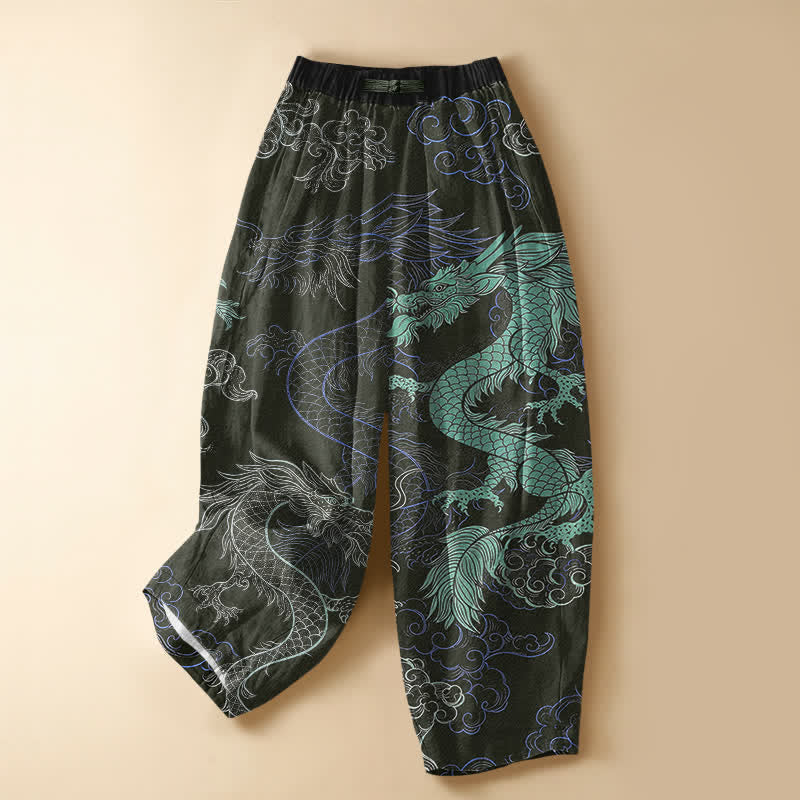 Buddha Stones Pure Cotton Oriental Dragon Wave Pattern Frog Button Women's Elastic Waist Harem Pants With Pockets - DarkOliveGreen - US16,UK/AU20,EU48 (3XL) - image 7