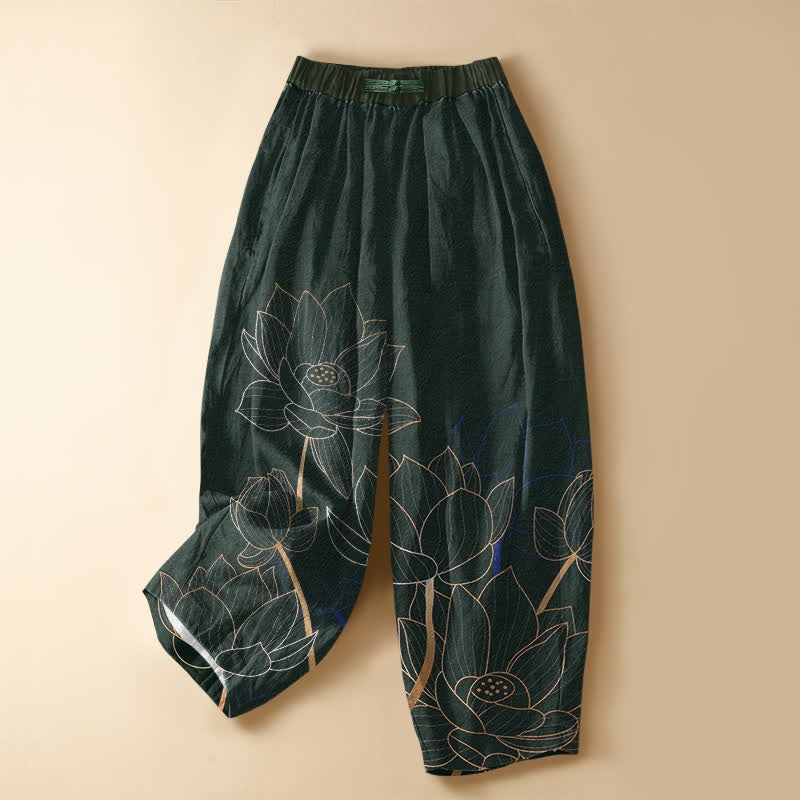 Buddha Stones Pure Cotton Elegant Lotus Outline Pattern Frog Button Women's Elastic Waist Harem Pants With Pockets - DarkGreen - US16,UK/AU20,EU48 (3XL) - image 0