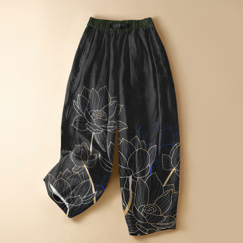 Buddha Stones Pure Cotton Elegant Lotus Outline Pattern Frog Button Women's Elastic Waist Harem Pants With Pockets - Black - US16,UK/AU20,EU48 (3XL) - image 5
