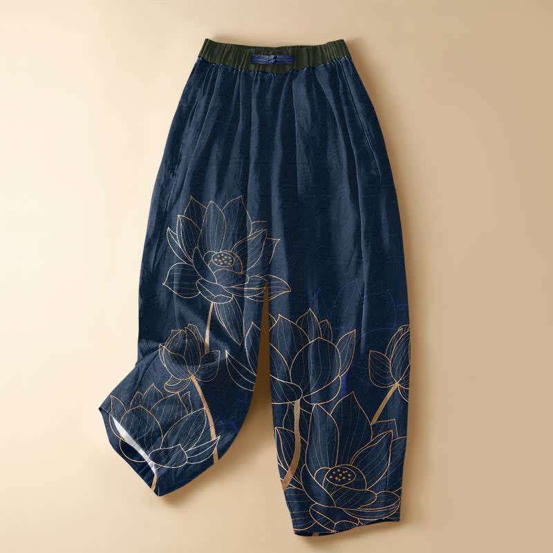 Buddha Stones Pure Cotton Elegant Lotus Outline Pattern Frog Button Women's Elastic Waist Harem Pants With Pockets - Navy - US16,UK/AU20,EU48 (3XL) - image 7