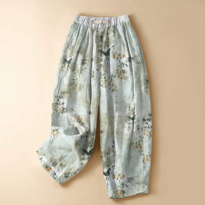 Buddha Stones Pure Cotton Calligraphy Floral Bird Pattern Frog Button Women's Elastic Waist Harem Pants With Pockets - MintCream - US16,UK/AU20,EU48 (3XL) - image 0