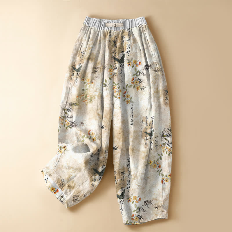 Buddha Stones Pure Cotton Calligraphy Floral Bird Pattern Frog Button Women's Elastic Waist Harem Pants With Pockets - Cornsilk - US16,UK/AU20,EU48 (3XL) - image 5