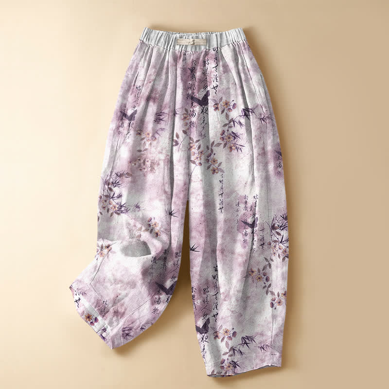Buddha Stones Pure Cotton Calligraphy Floral Bird Pattern Frog Button Women's Elastic Waist Harem Pants With Pockets - Lavender - US16,UK/AU20,EU48 (3XL) - image 7