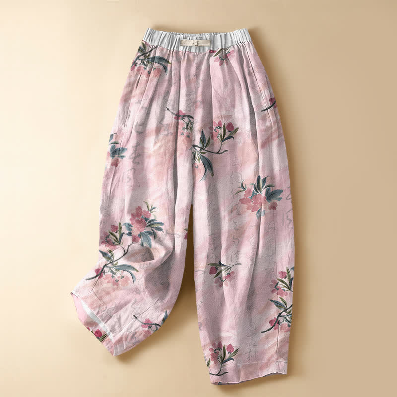 Buddha Stones Pure Cotton Romantic Blossom Leaf Pattern Frog Button Women's Elastic Waist Harem Pants With Pockets - Pink - US16,UK/AU20,EU48 (3XL) - image 0