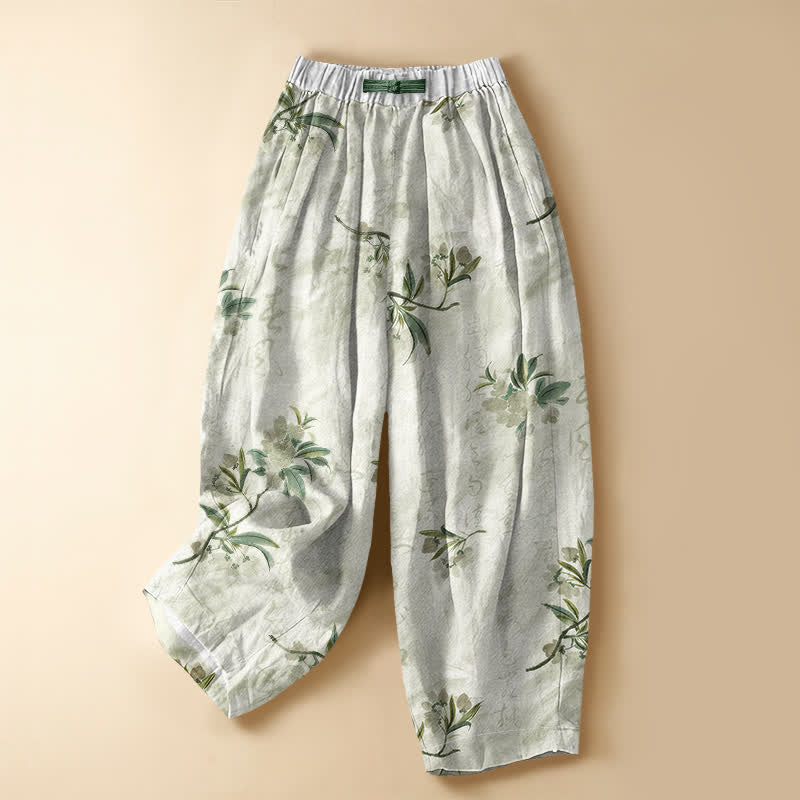 Buddha Stones Pure Cotton Romantic Blossom Leaf Pattern Frog Button Women's Elastic Waist Harem Pants With Pockets - MintCream - US16,UK/AU20,EU48 (3XL) - image 5