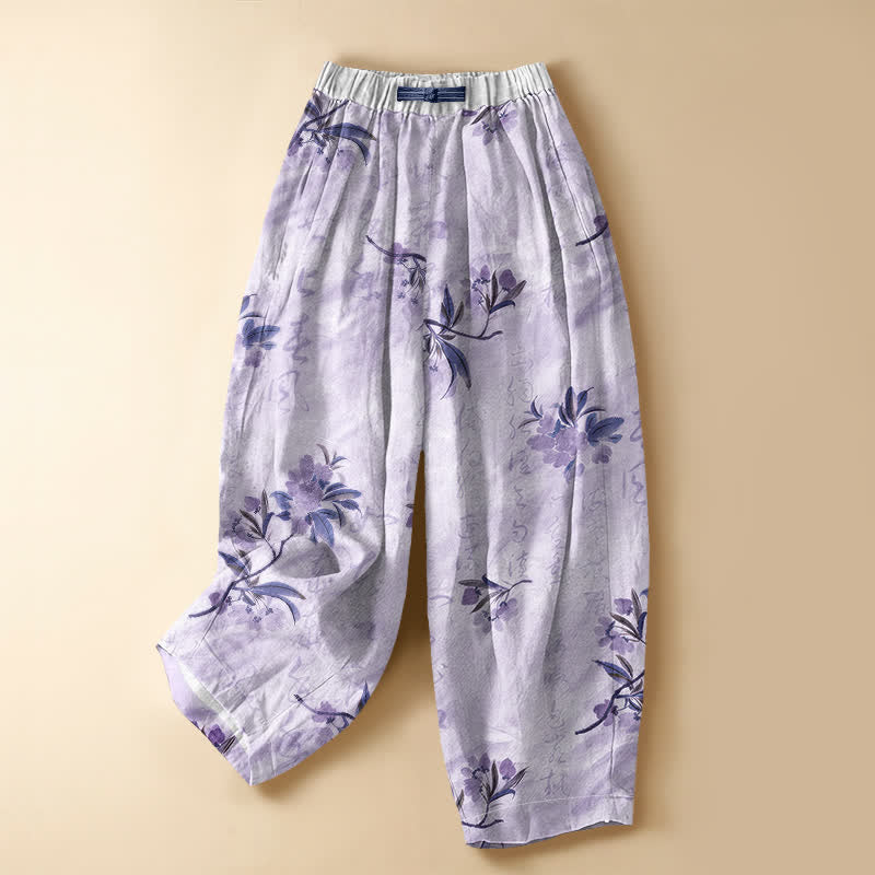 Buddha Stones Pure Cotton Romantic Blossom Leaf Pattern Frog Button Women's Elastic Waist Harem Pants With Pockets - Lavender - US16,UK/AU20,EU48 (3XL) - image 7