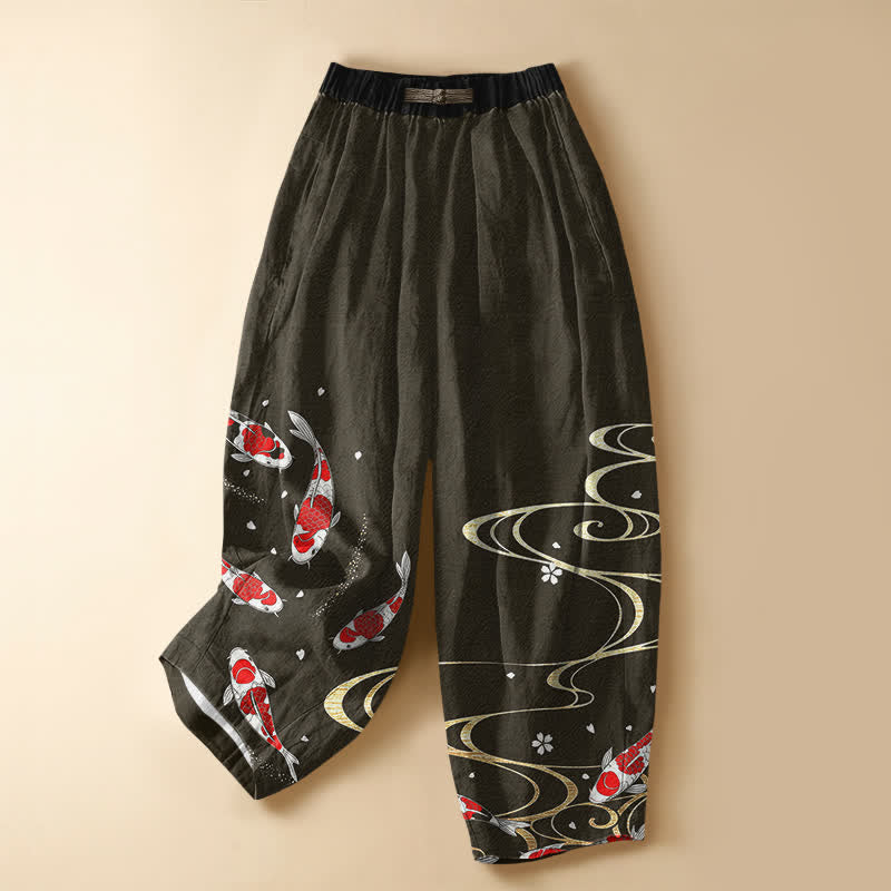 Buddha Stones Pure Cotton Oriental Koi Water Pattern Frog Button Women's Elastic Waist Harem Pants With Pockets - DarkOliveGreen - US16,UK/AU20,EU48 (3XL) - image 5