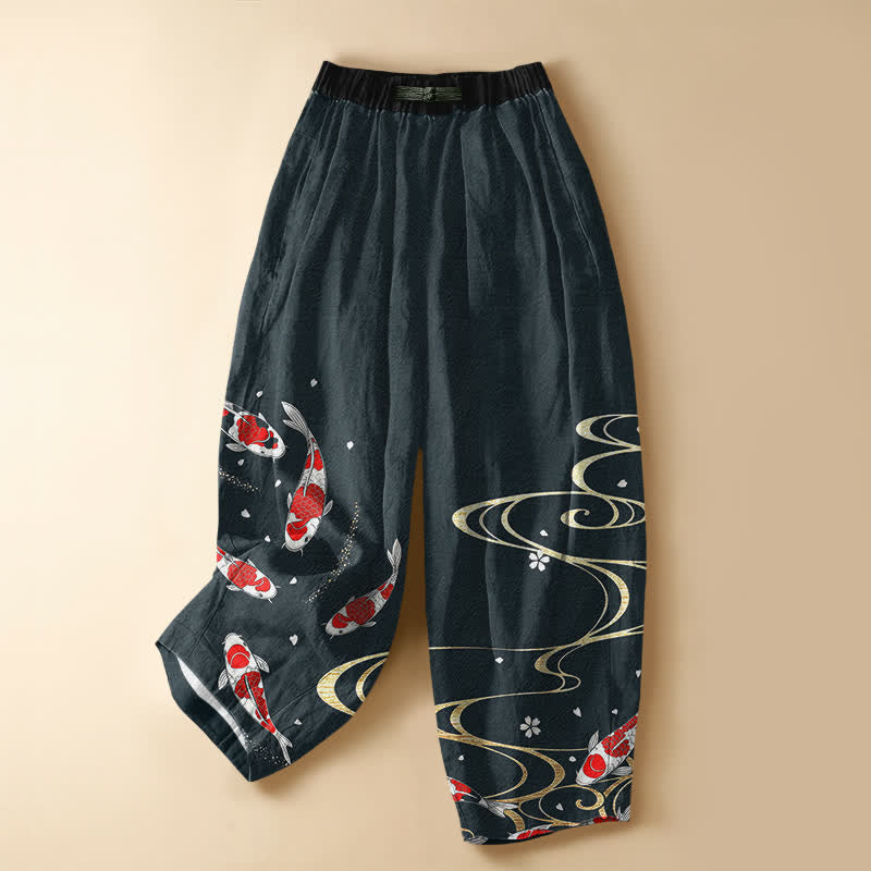 Buddha Stones Pure Cotton Oriental Koi Water Pattern Frog Button Women's Elastic Waist Harem Pants With Pockets - DarkCyan - US16,UK/AU20,EU48 (3XL) - image 7