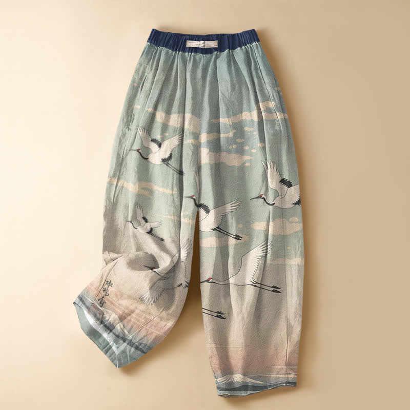 Buddha Stones Pure Cotton Ink Crane Landscape Pattern Frog Button Women's Elastic Waist Harem Pants With Pockets - PowderBlue - US16,UK/AU20,EU48 (3XL) - image 0