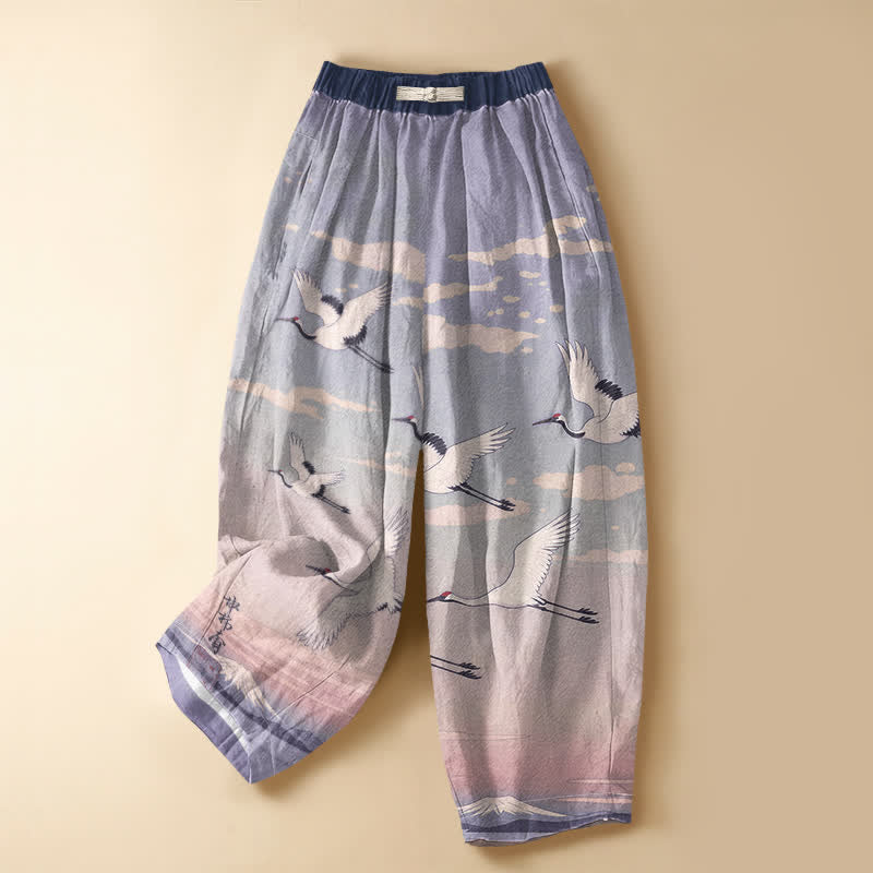 Buddha Stones Pure Cotton Ink Crane Landscape Pattern Frog Button Women's Elastic Waist Harem Pants With Pockets - MediumPurple - US16,UK/AU20,EU48 (3XL) - image 5