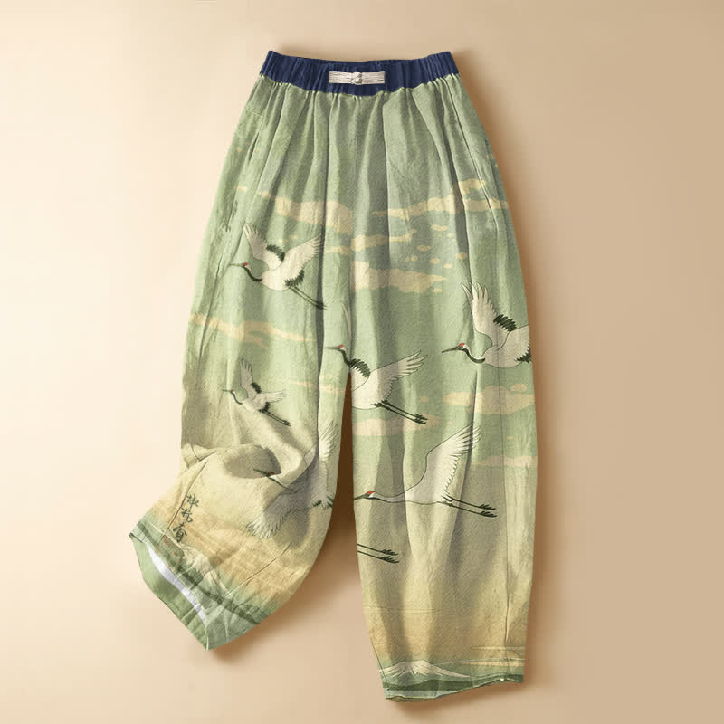 Buddha Stones Pure Cotton Ink Crane Landscape Pattern Frog Button Women's Elastic Waist Harem Pants With Pockets - YellowGreen - US16,UK/AU20,EU48 (3XL) - image 7
