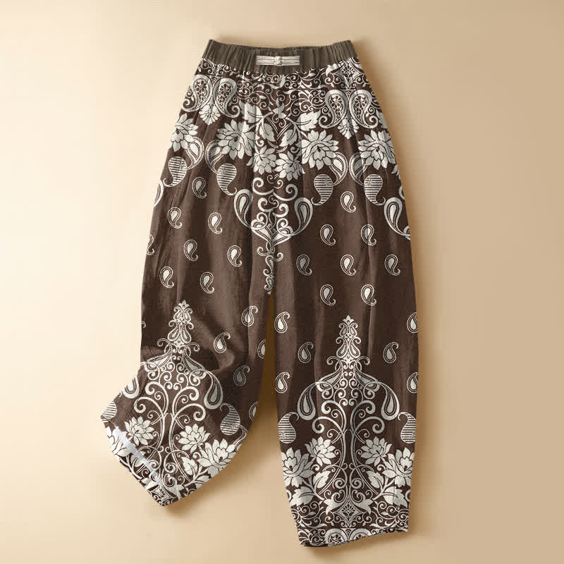 Buddha Stones Pure Cotton Vintage Border Paisley Bloom Pattern Frog Button Women's Elastic Waist Harem Pants With Pockets - SaddleBrown - US16,UK/AU20,EU48 (3XL) - image 0