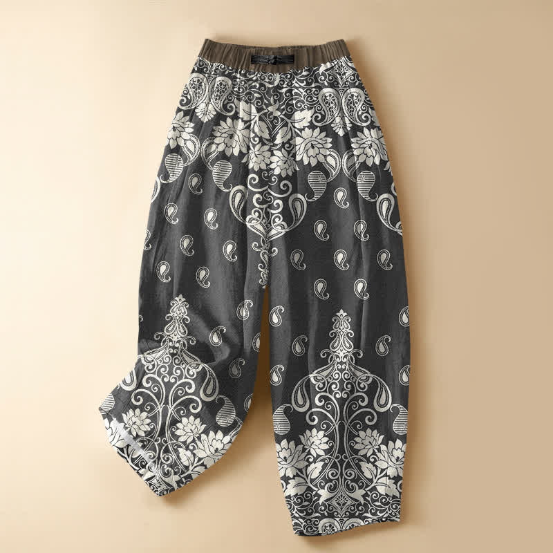 Buddha Stones Pure Cotton Vintage Border Paisley Bloom Pattern Frog Button Women's Elastic Waist Harem Pants With Pockets - DarkSlateGray - US16,UK/AU20,EU48 (3XL) - image 5