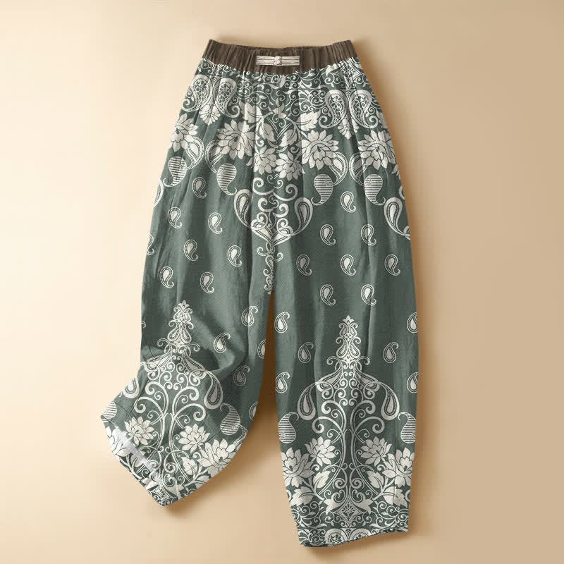 Buddha Stones Pure Cotton Vintage Border Paisley Bloom Pattern Frog Button Women's Elastic Waist Harem Pants With Pockets - MediumAquamarine - US16,UK/AU20,EU48 (3XL) - image 7