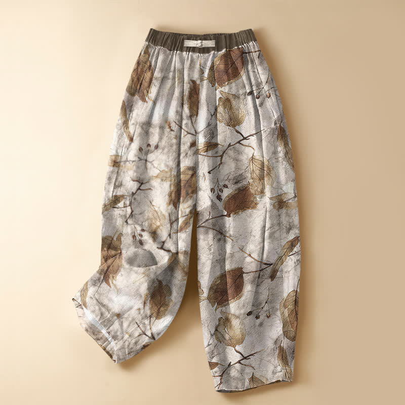 Buddha Stones Pure Cotton Autumn Leaf Botanical Pattern Frog Button Women's Elastic Waist Harem Pants With Pockets - Linen - US16,UK/AU20,EU48 (3XL) - image 0