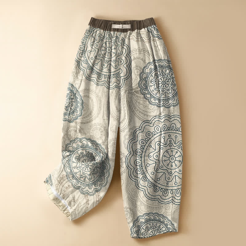 Buddha Stones Pure Cotton Boho Mandala Pattern Frog Button Women's Elastic Waist Harem Pants With Pockets - Beige - US16,UK/AU20,EU48 (3XL) - image 0
