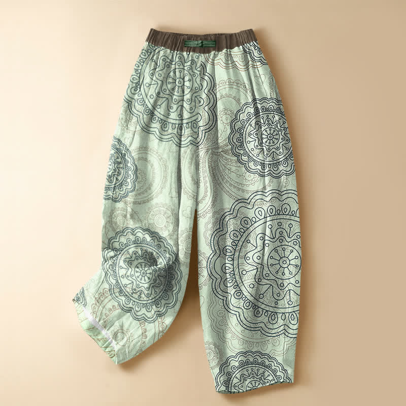 Buddha Stones Pure Cotton Boho Mandala Pattern Frog Button Women's Elastic Waist Harem Pants With Pockets - PaleGreen - US16,UK/AU20,EU48 (3XL) - image 7
