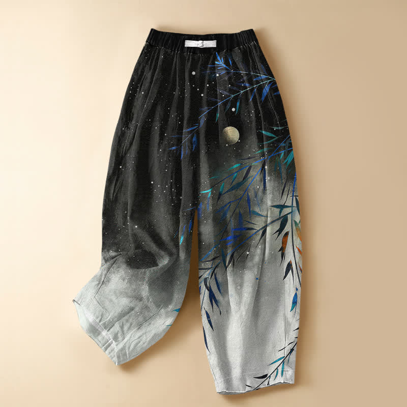 Buddha Stones Pure Cotton Starry Moon Bamboo Pattern Frog Button Women's Elastic Waist Harem Pants With Pockets - Black - US16,UK/AU20,EU48 (3XL) - image 0