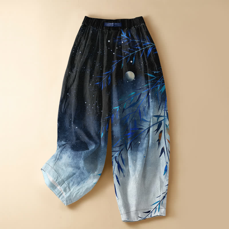Buddha Stones Pure Cotton Starry Moon Bamboo Pattern Frog Button Women's Elastic Waist Harem Pants With Pockets - Navy - US16,UK/AU20,EU48 (3XL) - image 5