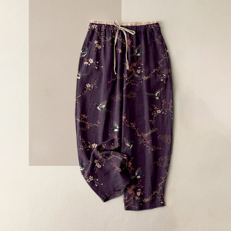 Buddha Stones Pure Cotton Elegant Bird Blossom Pattern Women's Elastic Waist Pants With Pockets - Purple - US16,UK/AU20,EU48 (3XL) - image 0
