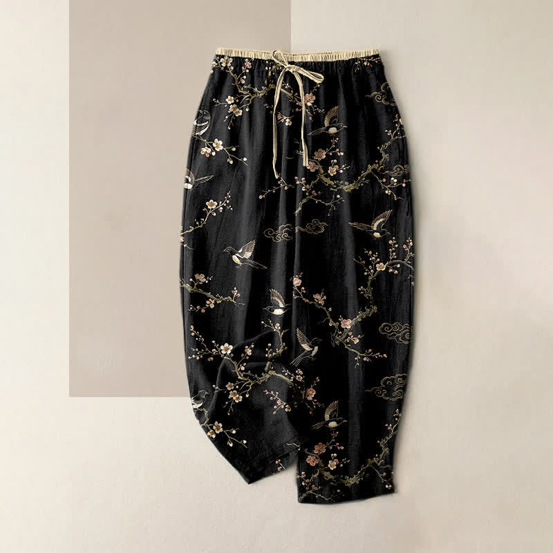 Buddha Stones Pure Cotton Elegant Bird Blossom Pattern Women's Elastic Waist Pants With Pockets - Black - US16,UK/AU20,EU48 (3XL) - image 4