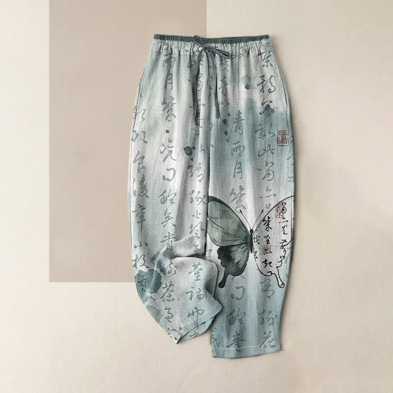 Buddha Stones Pure Cotton Artistic Script Butterfly Pattern Women's Elastic Waist Pants With Pockets - PaleTurquoise - US16,UK/AU20,EU48 (3XL) - image 3