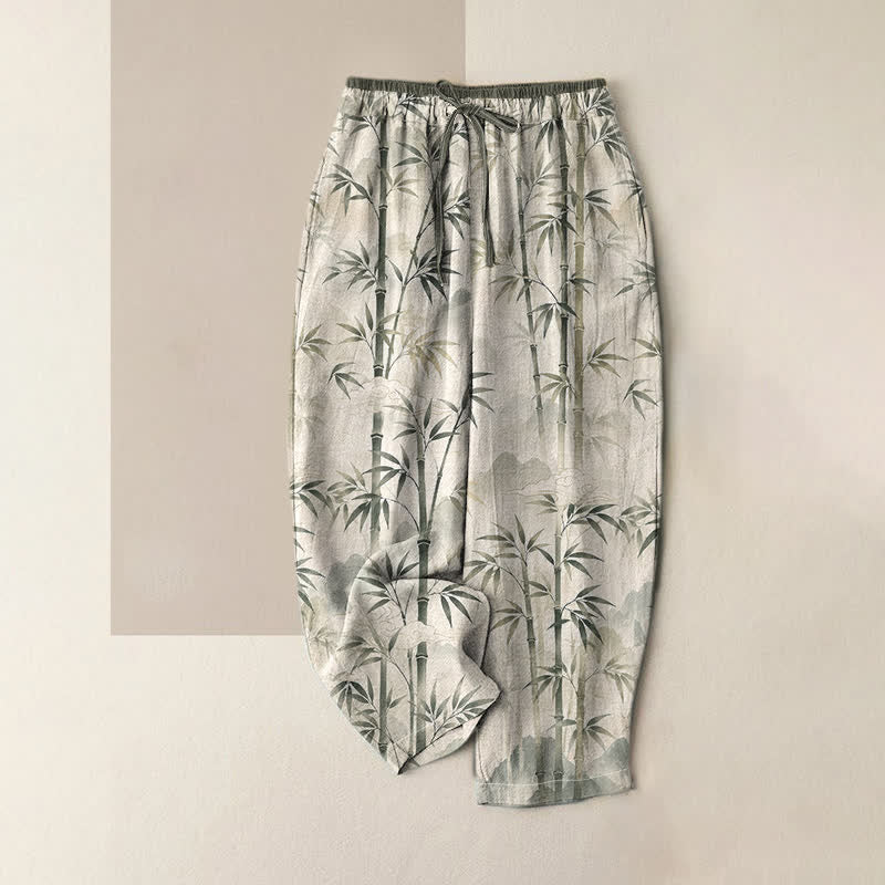 Buddha Stones Pure Cotton Zen Bamboo Leaf Pattern Women's Elastic Waist Pants With Pockets - Linen - US16,UK/AU20,EU48 (3XL) - image 0
