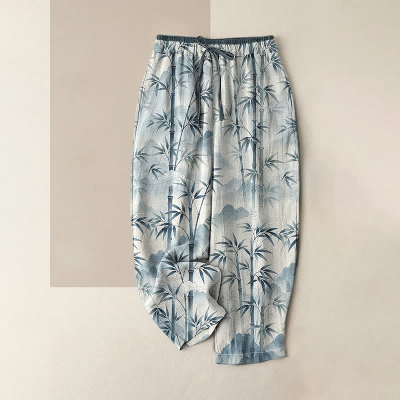 Buddha Stones Pure Cotton Zen Bamboo Leaf Pattern Women's Elastic Waist Pants With Pockets - LightBlue - US16,UK/AU20,EU48 (3XL) - image 3