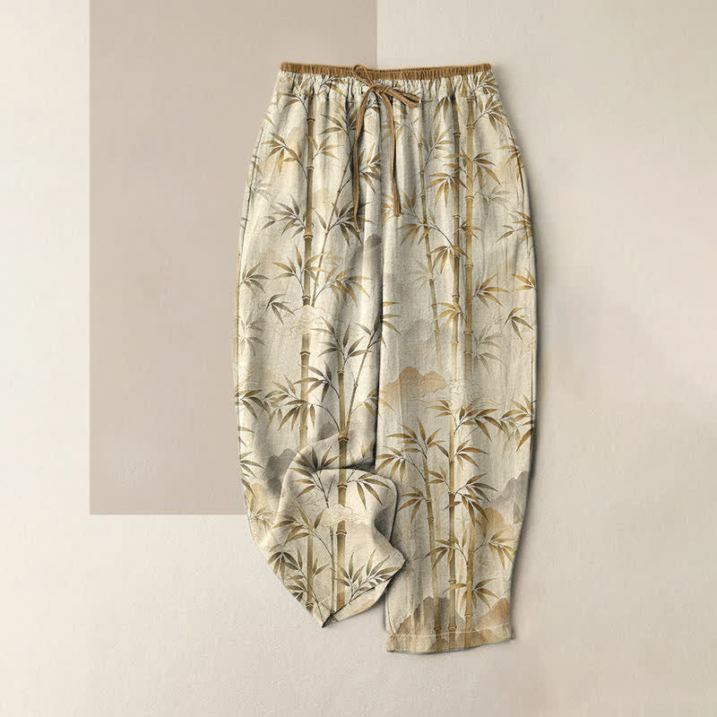 Buddha Stones Pure Cotton Zen Bamboo Leaf Pattern Women's Elastic Waist Pants With Pockets - PaleGoldenrod - US16,UK/AU20,EU48 (3XL) - image 4