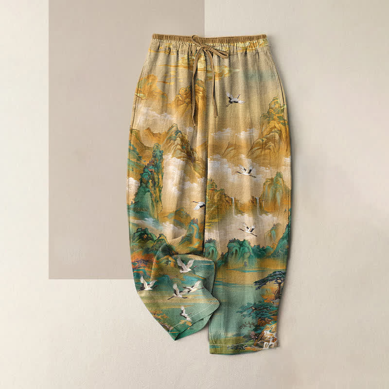 Buddha Stones Pure Cotton Misty Mountain Crane Pattern Women's Elastic Waist Pants With Pockets - Wheat - US16,UK/AU20,EU48 (3XL) - image 0