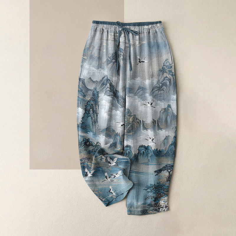 Buddha Stones Pure Cotton Misty Mountain Crane Pattern Women's Elastic Waist Pants With Pockets - CadetBlue - US16,UK/AU20,EU48 (3XL) - image 3