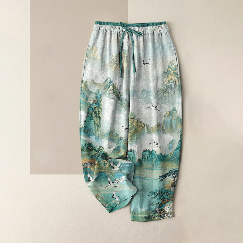 Buddha Stones Pure Cotton Misty Mountain Crane Pattern Women's Elastic Waist Pants With Pockets - Turquoise - US16,UK/AU20,EU48 (3XL) - image 4