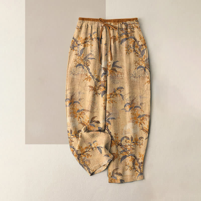 Buddha Stones Pure Cotton Vintage Botanical Floral Pattern Women's Elastic Waist Pants With Pockets - Goldenrod - US16,UK/AU20,EU48 (3XL) - image 0