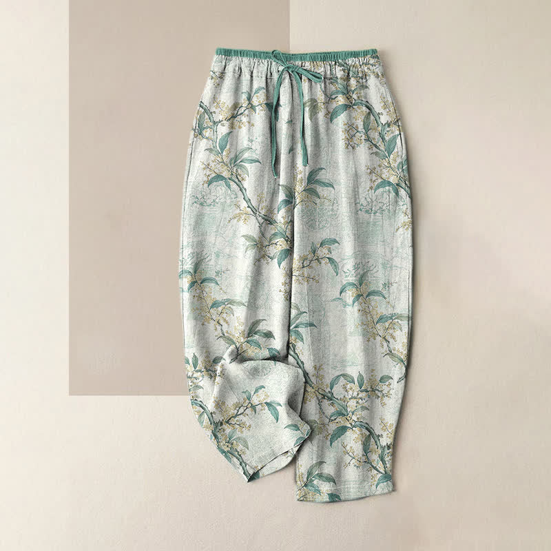 Buddha Stones Pure Cotton Vintage Botanical Floral Pattern Women's Elastic Waist Pants With Pockets - Turquoise - US16,UK/AU20,EU48 (3XL) - image 3