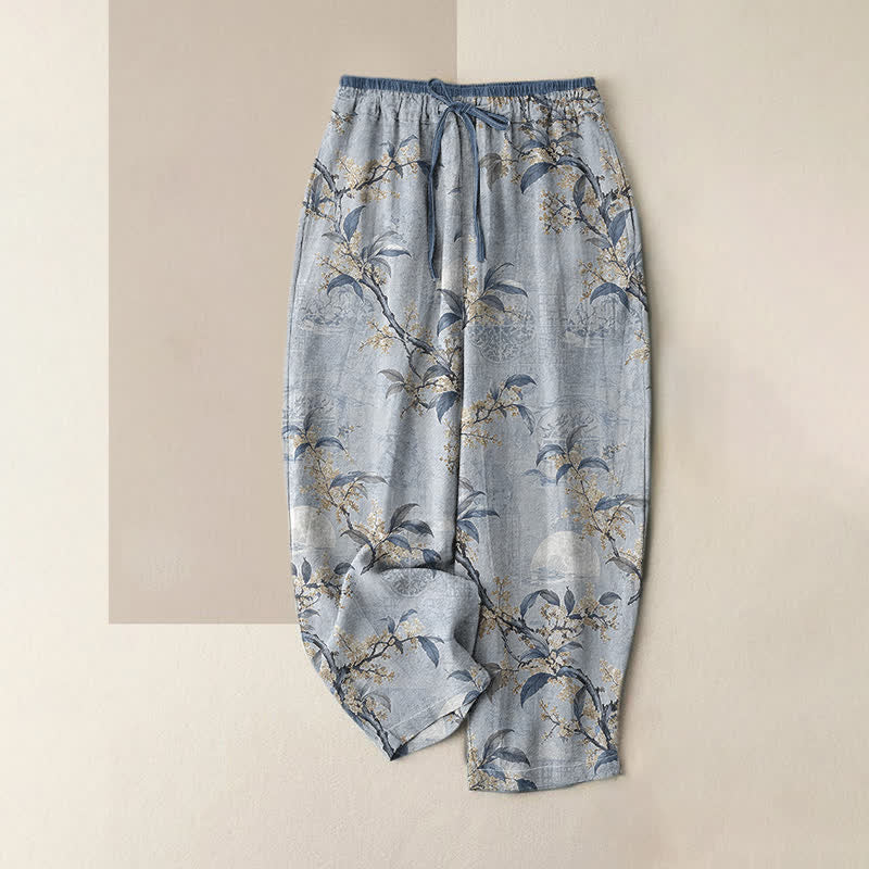 Buddha Stones Pure Cotton Vintage Botanical Floral Pattern Women's Elastic Waist Pants With Pockets - LightSkyBlue - US16,UK/AU20,EU48 (3XL) - image 4