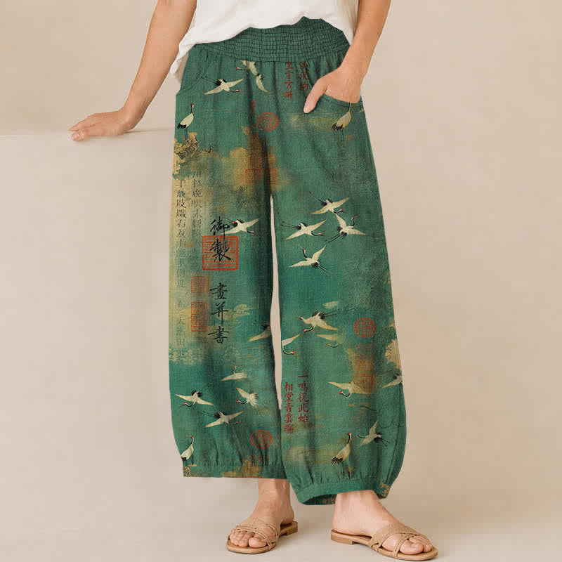 Buddha Stones Cotton Oriental Crane Calligraphy Pattern Pleated Elastic Waist Women's Harem Pants With Pockets - SeaGreen - US16,UK/AU20,EU48 (3XL) - image 0