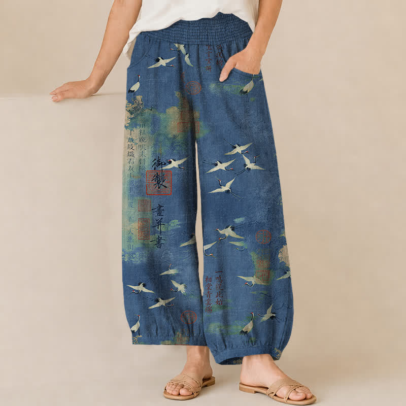 Buddha Stones Cotton Oriental Crane Calligraphy Pattern Pleated Elastic Waist Women's Harem Pants With Pockets - SteelBlue - US16,UK/AU20,EU48 (3XL) - image 6