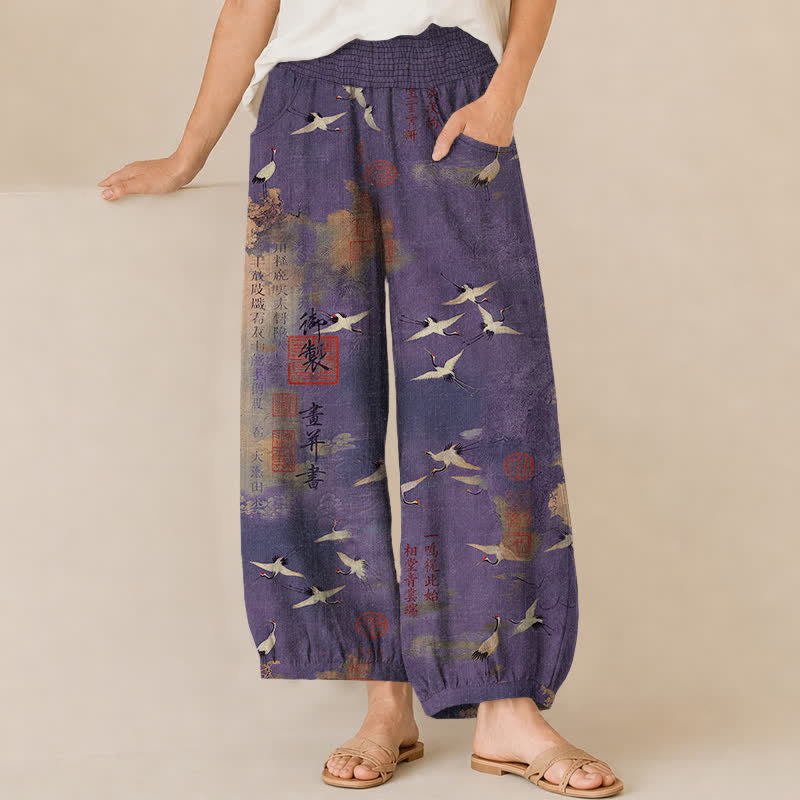 Buddha Stones Cotton Oriental Crane Calligraphy Pattern Pleated Elastic Waist Women's Harem Pants With Pockets - Purple - US16,UK/AU20,EU48 (3XL) - image 10