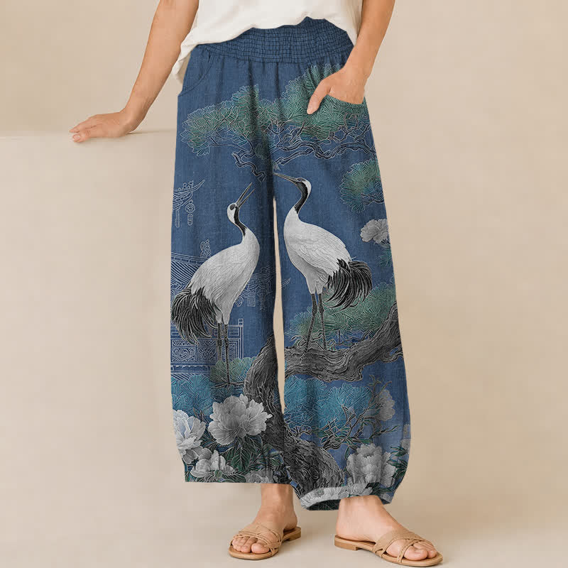 Buddha Stones Cotton Oriental Crane White Blossom Pattern Pleated Elastic Waist Women's Harem Pants With Pockets - SteelBlue - US16,UK/AU20,EU48 (3XL) - image 0