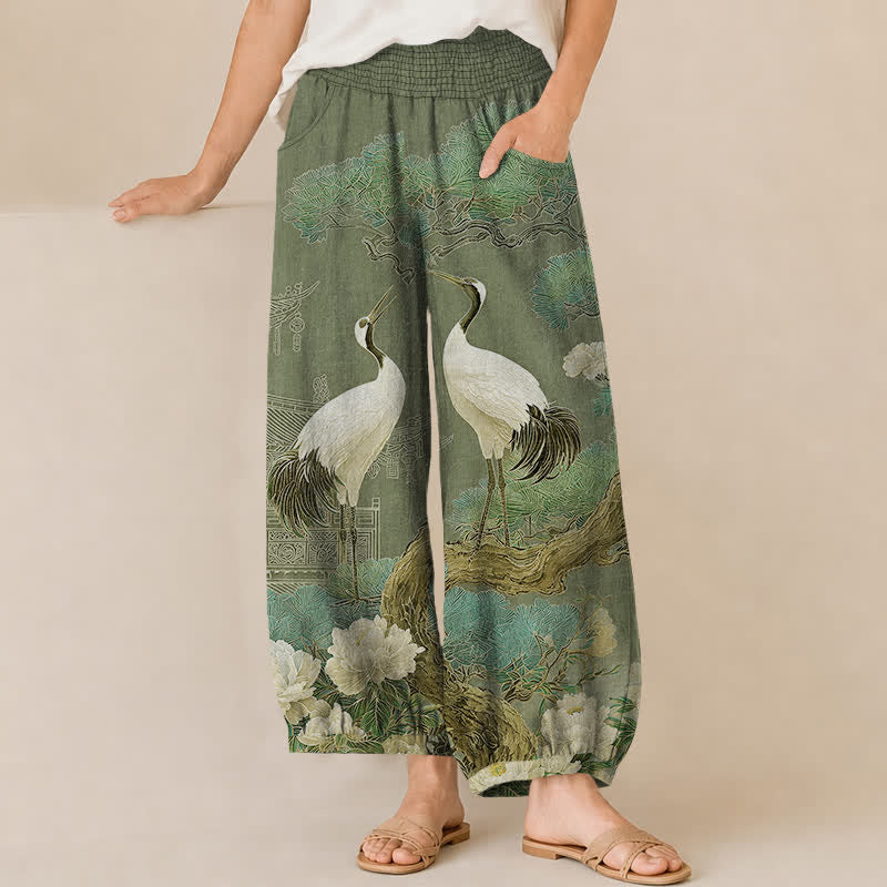 Buddha Stones Cotton Oriental Crane White Blossom Pattern Pleated Elastic Waist Women's Harem Pants With Pockets - ForestGreen - US16,UK/AU20,EU48 (3XL) - image 10