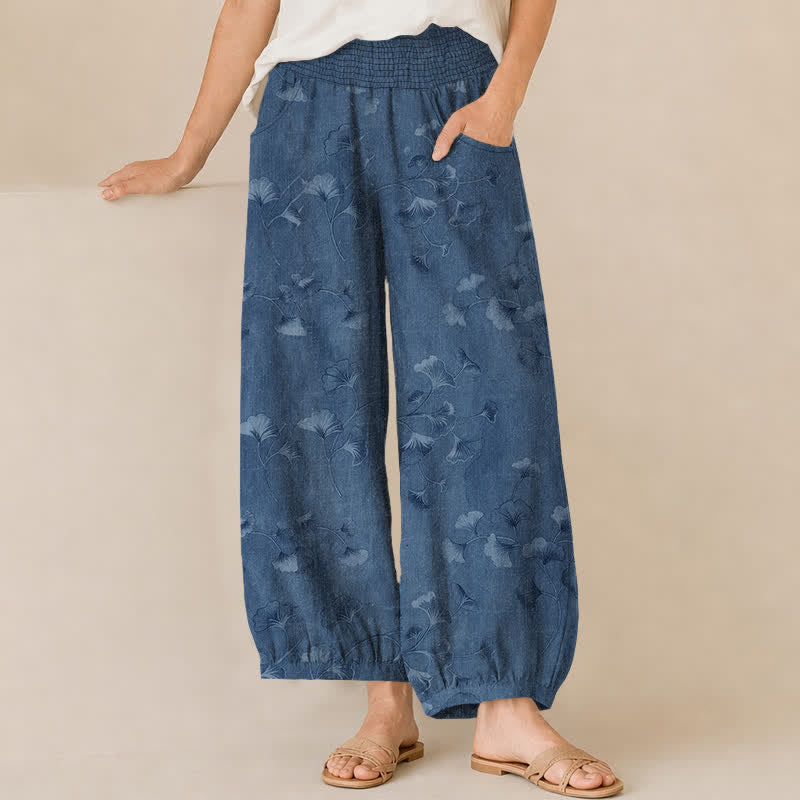 Buddha Stones Cotton Ginkgo Leaves Pattern Pleated Elastic Waist Women's Harem Pants With Pockets - SteelBlue - US16,UK/AU20,EU48 (3XL) - image 0