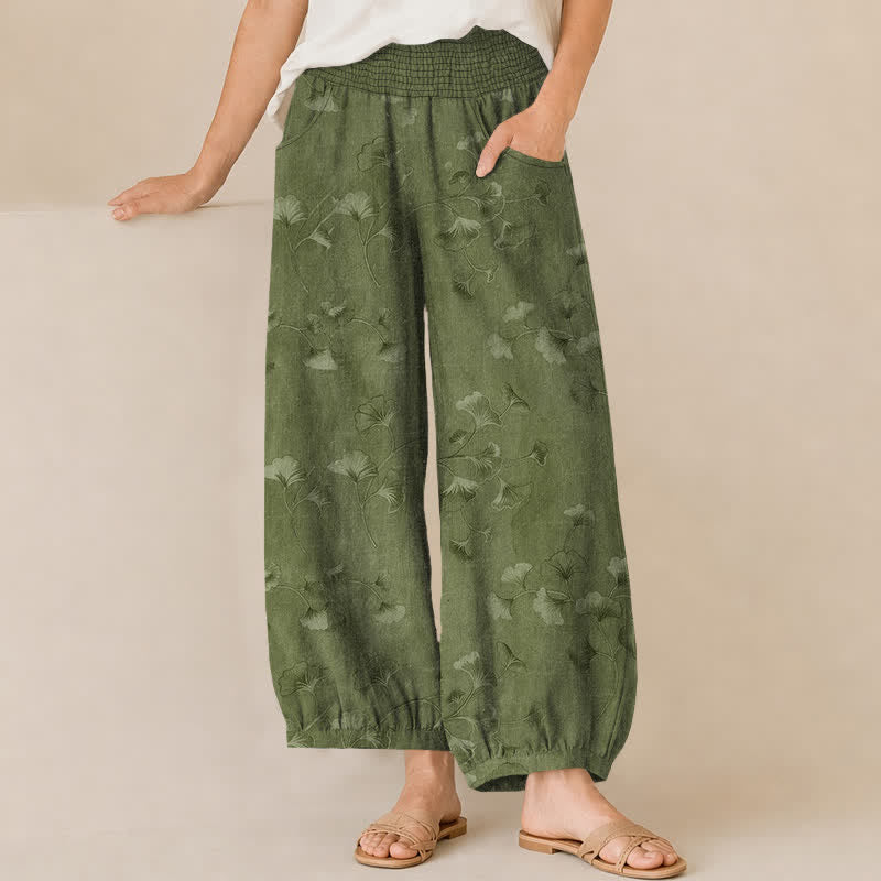 Buddha Stones Cotton Ginkgo Leaves Pattern Pleated Elastic Waist Women's Harem Pants With Pockets - OliveDrab - US16,UK/AU20,EU48 (3XL) - image 6